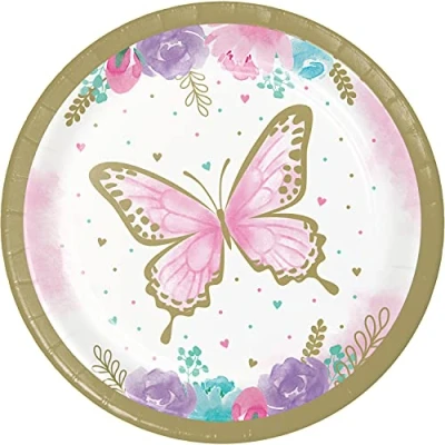 Image of Creative Party Butterfly Shimmer Shaped Plates, 18cm (7 inch), Pack of 8 Disposable Decorations, PC354580, Multi Colour