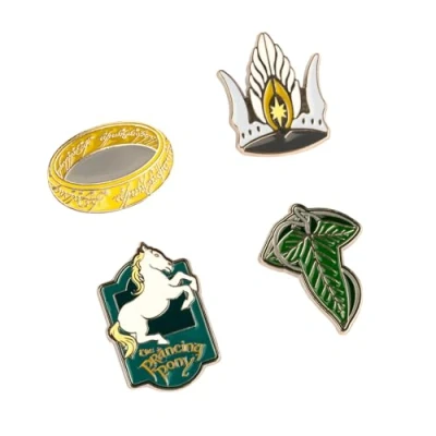 Image of Grupo Erik The Lord Of Rings Set 4 Pins Leaf Lorien, One Ring, Prancing Pony, Crown Gondor Enamel Gifts Merchandise LOTR