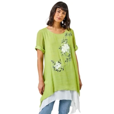 Image of Roman Originals Asymmetric Tunic Top for Women UK Ladies Tee Shirt T Spring Summer Casual Longline Hanky Hem Short Sleeve Round Neck Lightweight Holiday Work Shirts Lime Size 10