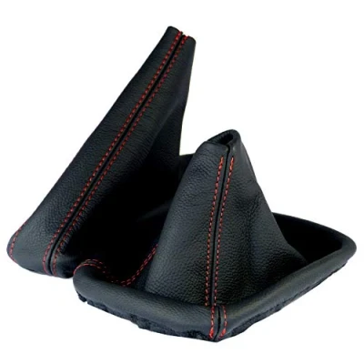 Image of L &amp; P A182 Shift Boot and Handbrake Cuff for BMW E46 GENUINE LEATHER BLACK with RED Stitching