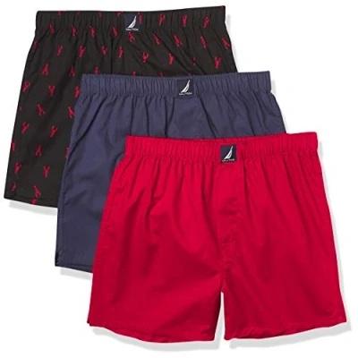 Image of Nautica Men&#039;s Cotton Woven 3 Pack Boxers Shorts, Red/Peacoat/Lobster Black, XL