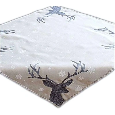 Image of Table Cloth 85 x cm, Light Grey / White Ice Blue Embroidery ‘Deer’ Christmas, Christmas Tablecloth Centre Decoration