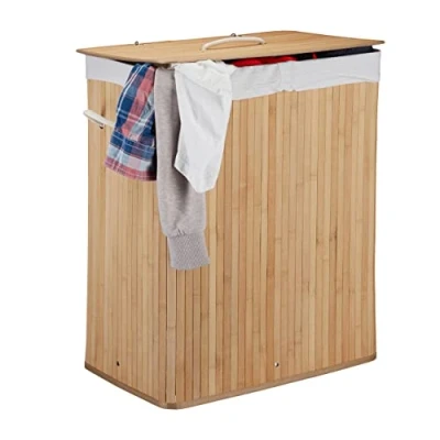 Image of Relaxdays Lidded Bamboo Laundry Hamper, 100 L, Clothes Container, 2 Compartments, Folding, Rectangular Basket, Bathroom, Natura