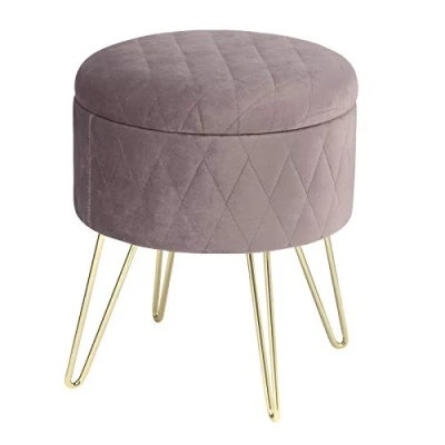 Image of WOLTU Storage Ottoman Chair Stool Light Grey Upholstered Footstool Velvet Dressing Table Pouf Couch Hairpin Golden Steel Legs Removable Cover, (DiaxH) 31.5x36cm