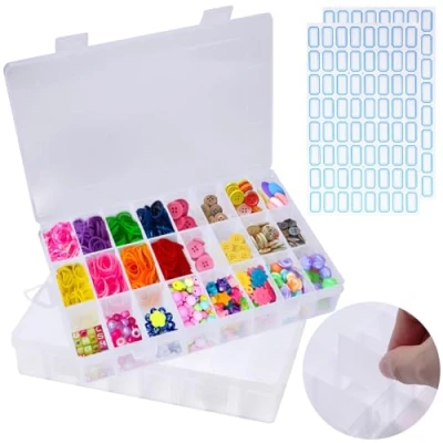 Image of Fisynug 2 PCS Bead Storage Box Transparent Plastic Organiser with 24 Compartments Craft for Art DIY, Crafts, Jewelry, Fishing Gear (with 128 Label Stickers)