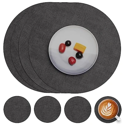 Image of Myir JUN Leather Placemats and Coaster Set of 4, Table Mats Round Waterproof Dual Sided Kitchen Place Coffee Heat Resistant Placemat Non Slip Washable (set Grey Grey)