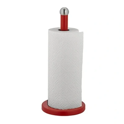 Image of Relaxdays Kitchen Roll Holder, Stainless Steel, Paper Towel Stand for The Counter, HxØ: 35 x 15 cm, Silver/Red