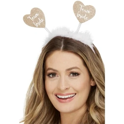 Image of Smiffys Team Bride Heart Boppers, White with Gold Hearts &amp; Marabou, Hen Stag Night Fancy Dress, Party Dress Up stag/adult items