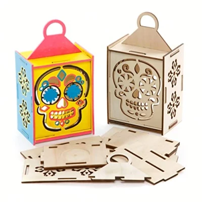 Image of Baker Ross FE732 Day of the Dead Wooden Lantern Pack 3, Halloween Craft Set for Children, Arts and Crafts Kids Activities to Colour In, Decorate Display