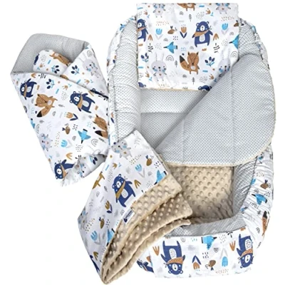 Image of 5pcs Set with Baby Nest 100x60x15cm Removable Insert Flat Cushion Blanket Babyhorn for Babies Newborns 100% Cotton Medi Partners (Boho Animals Beige Plush)