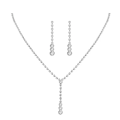 Image of Wedity Wedding Crystal Necklace Silver Earrings Set Bride Choker Necklaces Pendant Jewelry for Women and Girls