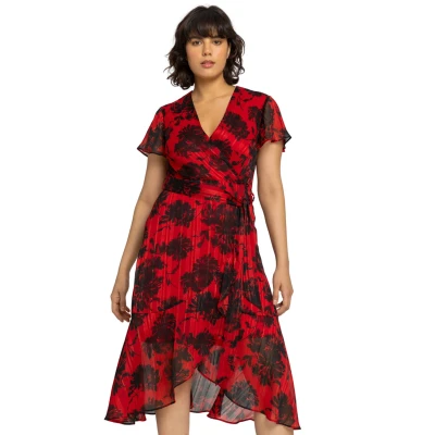 Image of Roman Originals Frill Dress for Women UK Ladies Summer Wrap Chiffon Hem Layered Belted Midi Maxi Tiered Cape Special Occasion Fit &amp; Flare Wedding Guest Swing Skater Red Black Size 10