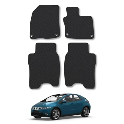 Image of Rubber Car Mats Compatible with Honda Civic (2008 2012) Tailored Fit Floor Set Accessory Black Custom 4 Pieces Clips Anti Slip Backing, Heavy Duty &amp; Waterproof