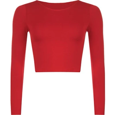 Image of Womens Crop Long Sleeve T Shirt Ladies Short Plain Round Neck Top Red 8/10