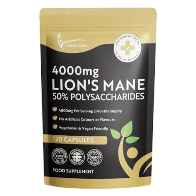 Image of Lion&#039;s Mane Mushroom Extract 4000mg 120 High Strength Vegan Capsules, 2 Months Supply Brain and Focus Supplement for Better Cognitive Health (Not Powder or Tablets) UK Made GMO Free