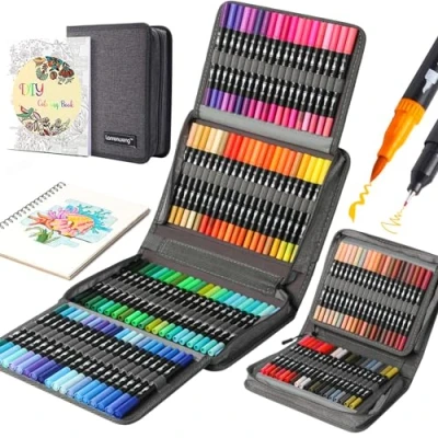 Image of LANRENWENG 120 Colors Dual Tip Brush Pens Fineliners Art Markers, Watercolor Marker and Highlighters with Canvas Bag for Adult Coloring Books Drawing Sketching Bullet Journal Calligraphy