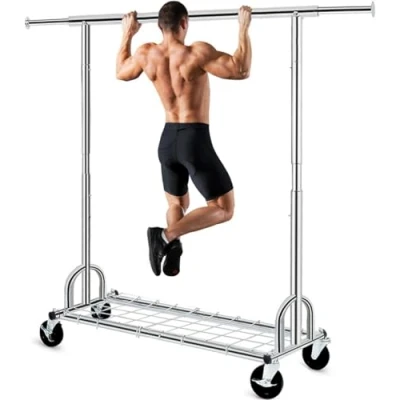 Image of HOKEEPER Extendable Heavy Duty Clothes Rail Coat with Shelf, Industrial Grade Locking Wheels, 200kg Capacity Professional Folding