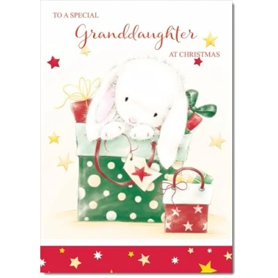 Image of doodlecards Granddaughter Christmas Card Cute Rabbit with Parcels Medium Size for Plain Envelope