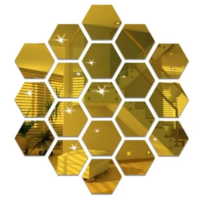 Image of RHQFDM 12 Piece Honeycomb Wall Mirror Sticker Gold Stickers Acrylic Tiles Self Adhesive for Bathroom Home Bedroom Living Room Decor