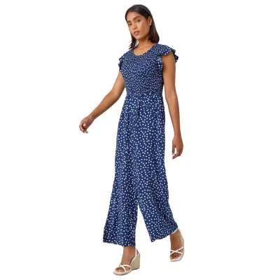 Image of Roman Womens Polka Dot Shirred Pocket Jumpsuit Blue Size 18 UK