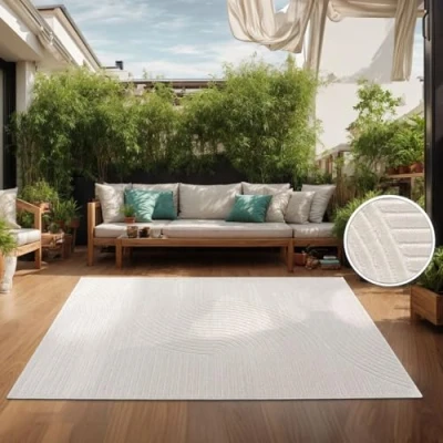 Image of TT Home Indoor &amp; Outdoor Rug Weatherproof Balcony Bedroom Boho Scandi Motif Plain Colour, colour:Cream 2, Size:200x290 cm