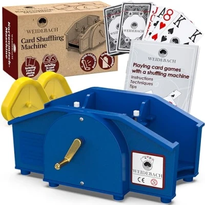 Image of Weidebach® blue card shuffler with golden crank for all standard games, 2x decks &amp; spare crank, mixing device booklet fun game nights.