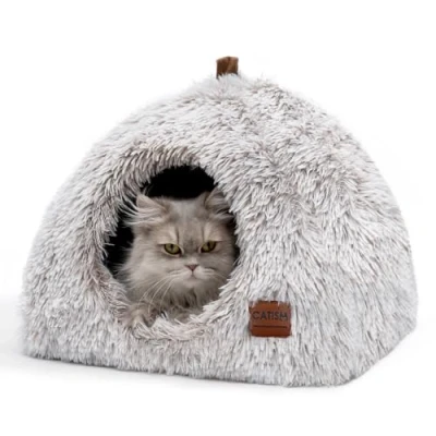 Image of Cat Bed Igloo Cave Pet for Cats Dogs Large Indoor Tent Nesting Anti slip 2 in 1 Triangle House Nest with Handle Washable Removable Pillow Cushion Light Brown