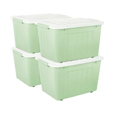 Image of Cetomo 80L*4 Storage Boxes with Wheels, Plastic Box Lid, Latching Buckles, Click Closure, Stackable, Nesting, Durable Organizer for Home Office Clothes, Green, 80L 4 Pack