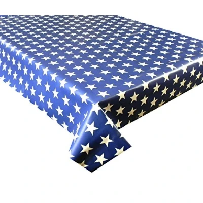 Image of Vinyl Pvc Tablecloth Blue with White Stars 2 metres (200x137cm) 6 Seater Size Rectangle Table, Wipe Clean, Textile Backed plastic table cloth (113)
