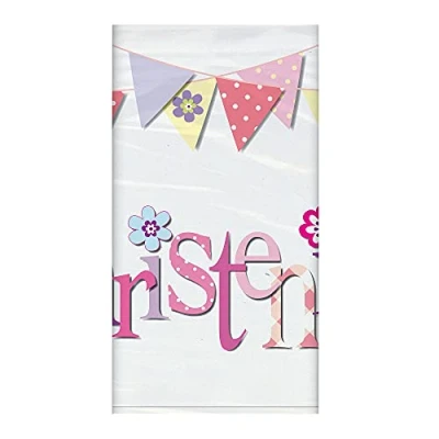 Image of Unique Party 52033 Plastic Pink Bunting Christening Tablecloth, 7ft x 4.5ft, 54&quot; 84&quot;