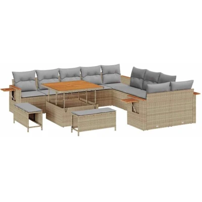 Image of vidaXL 13 Piece Garden Sofa Set with Cushions Beige Poly Rattan Acacia