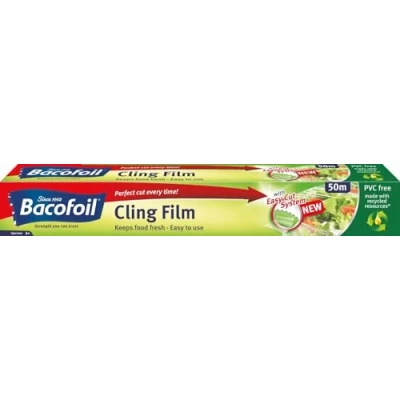 Image of PVC Free Cling Film with Curved Blade Easy Cut to Use BPA 100% Recyclable Perfect for Food Wrapping Freezing and Keeps Fresh 32.5cm x 50m Pack of 1
