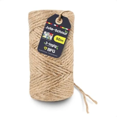Image of BFG Jute Twine 50 m 2 mm Tear Resistant Ply Cord, Garden Cord with Natural Fibre for Plants and Decorations, Brown Parcel Yarn Packaging Crafts