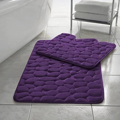Image of HomeSpace Direct Pebbles Non Slip Memory Foam Bath Mat/Toilet Mat Set Plum