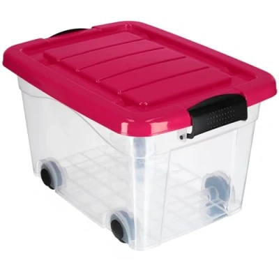 Image of KADAX Storage Box, Large Plastic Container with Lid and Wheels, Clear Organiser for Toys, Useful Box Moving, House Organisation (60L, Pink)