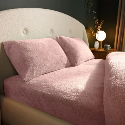 Image of Silentnight Teddy Fleece Fitted Sheet Single Blush Bear Bottom Warm Cosy Fluffy Winter Deep Fitting with Elasticated Corners