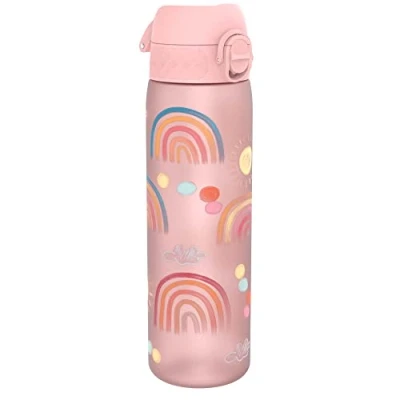 Image of Ion8 Water Bottle, 500ml, Leak Proof, One Finger Open, Dishwasher Safe, BPA Free, Flip Cover, Carry Handle, Spill free On The Go, Easy Clean Carbon Neutral Recyclon, Pink, Rainbows Design