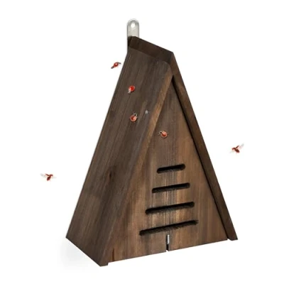 Image of Ladybird House, Wood, Weatherproof, to Hang Up, Hibernation, Triangular Insect Hotel, 28 x 21 12 cm, Brown Relaxdays