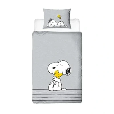 Image of Character World Peanuts Snoopy Single Duvet Cover Officially Licensed Reversible Two Sided Snooze Design with Matching Pillowcase, Polycotton, Grey