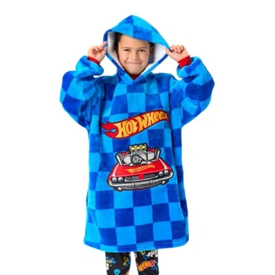 Image of Hot Wheels Boys Wearable Blanket Hoodie Children&#039;s Oversized Fleece Pullover in Blue with Printed Car Shaped Pocket Kids Racing Flame Logo Hooded Loungewear Toy Collectors Merchandise Gift