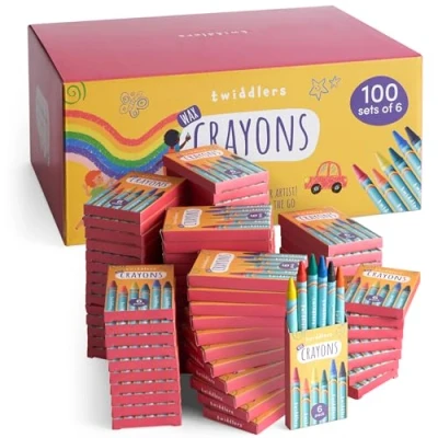 Image of THE TWIDDLERS 100 Boxes of Wax Crayons for Kids, 6 Per Box, 600 Total Mixed Coloured, Perfect Mini Crayon Packs Party Bag Fillers, School Classrooms, Arts &amp; Crafts, Restaurants
