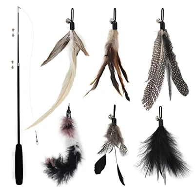 Image of SONGWAY Cat Feather Stick Toy 7 PCS Toys, 1 Teaser Wand with 6 Refills Bell, Interactive for Indoor and Kitten, Black