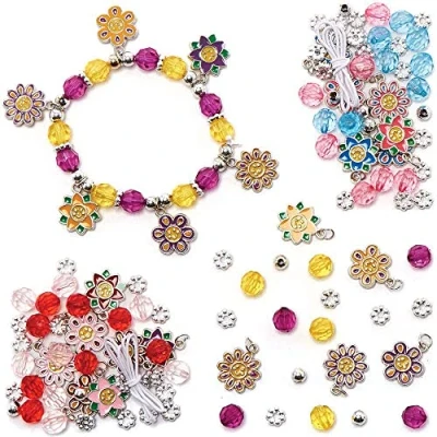 Image of Baker Ross FC739 Flower Charm Bracelet Kits Pack of 3, Perfect Jewellery Making Kit for Girls and Bead Crafts Kids, Orange,Blue,Red,Pink,Purple