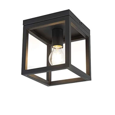 Image of Qazqa Industrial Ceiling Lamp I Flush Light Black Cage 1 Suitable for LED E27 Steel Living Room Kitchen Bedroom