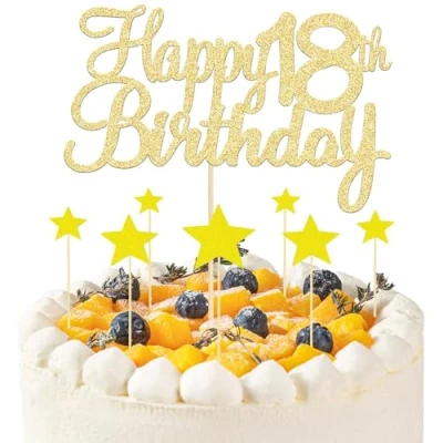 Image of 8 Pcs Gold Happy 18th Birthday Cake Topper, 1 Topper and 7 Star Cupcake Toppers, Glitter for Anniversary Party Supplies