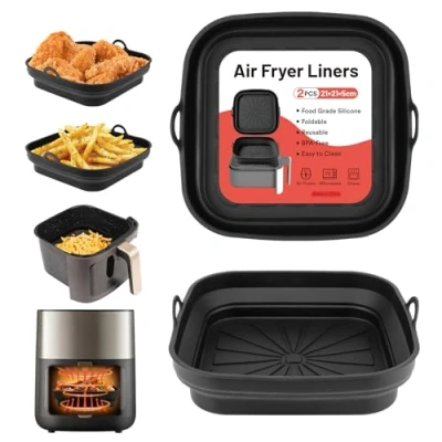 Image of Alyvisun Silicone Air Fryer Liners 2PCS Reusable Airfryer Tray Foldable Kitchen Accessories Basket Versatile Square Baking Rack Pot for Microwave, Oven, Black+Black