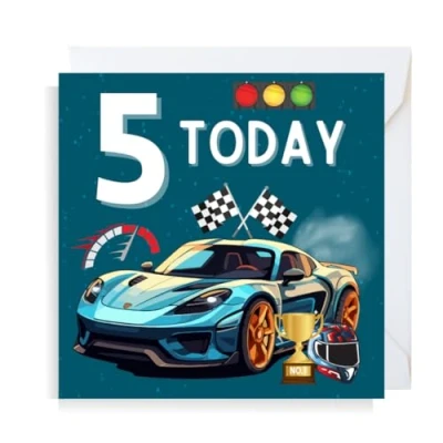 Image of Second Ave Racing Car 5th Birthday Age 5 Square Children&#039;s Kids Greeting Card for Boy or Girl