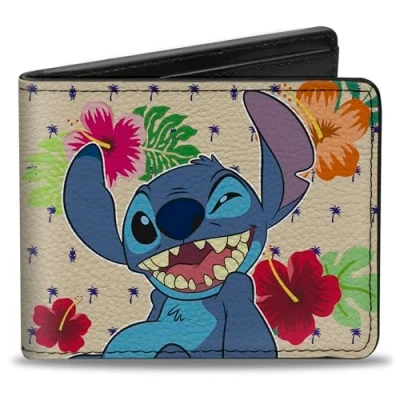 Image of Buckle Down mens Stitch Winking Pose + Ohana Means Family/Tropical Icons Bi Fold Wallet, Multicolor, Default Size UK