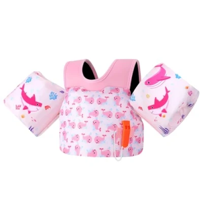 Image of MoKo Toddler Swim Vest for Kids, Arm Floaties 22 30 50 66 lbs, Water Wings with Emergency Whistle, Cute Band Pool Training Equipment Beach, Pool, Pink Whale