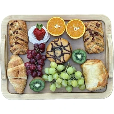 Image of electromax Nest of 3 Serving Trays, Bamboo Tray Set, Breakfast Trays,Bamboo Food Trays with Carry Handles, Easy to Store, Durable and Clean,(Bamboo)